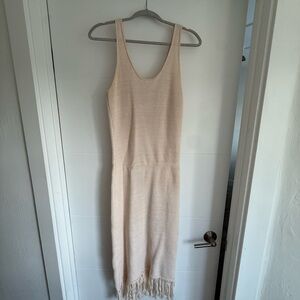 Sleeveless Cream Midi Knit Dress with Fringe Hem